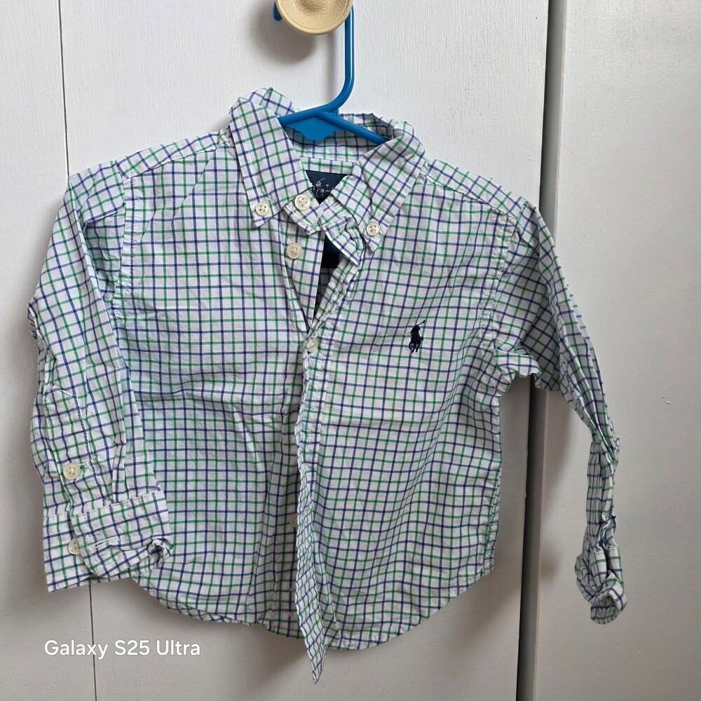 Ralph Lauren white, green and navy gingham,‎ long sleeve button up sz 12 mo